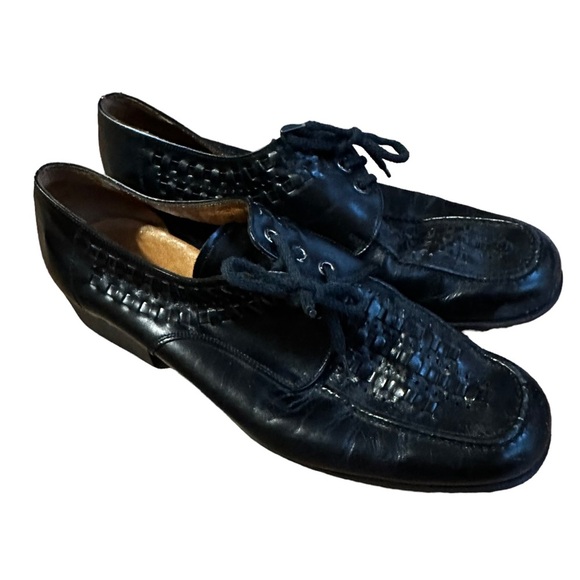 Vintage Black Leather Weaved Loafers Size 8.5 - Picture 1 of 6